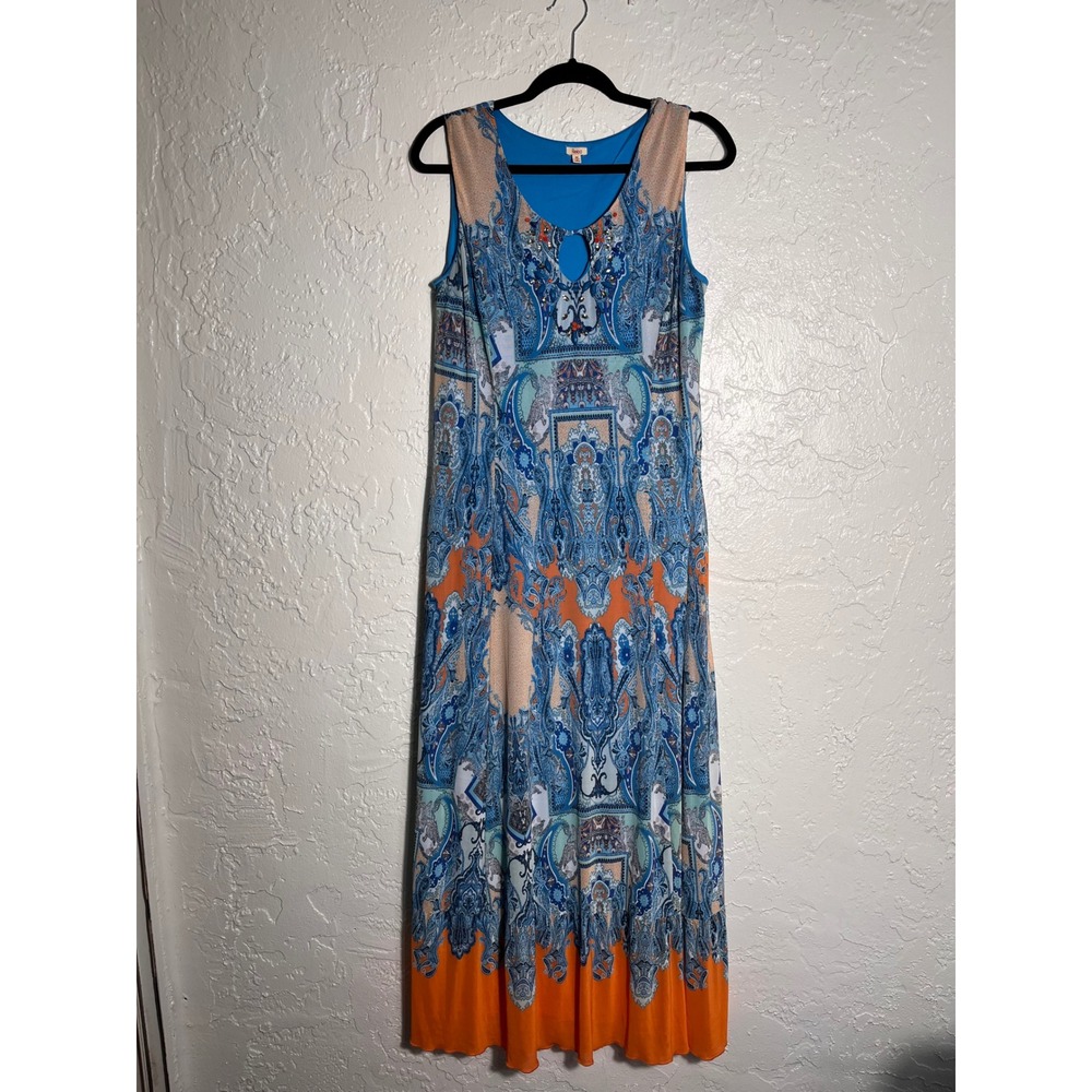 Reba Blue Paisley Sleeveless Midi Dress Keyhole Neck Stretch Knit Women's‎ M